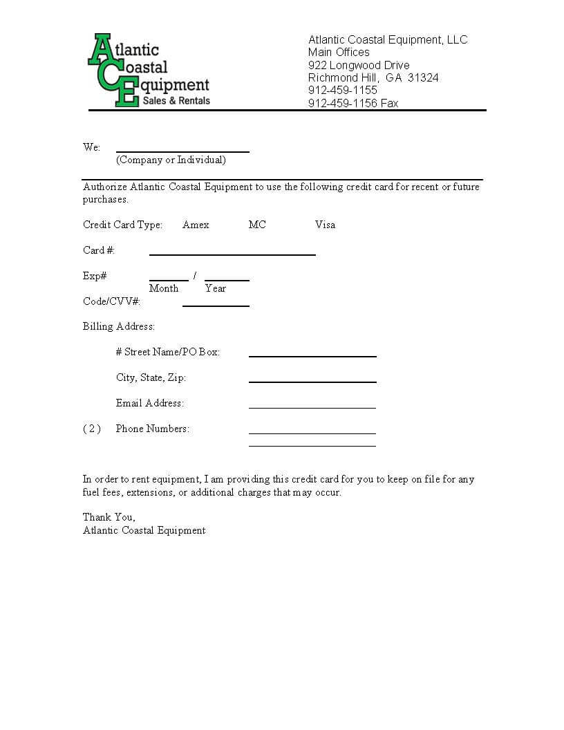 Preview of Atlantic Coastal Equipment Sales & Rentals Credit Card Authorization PDF